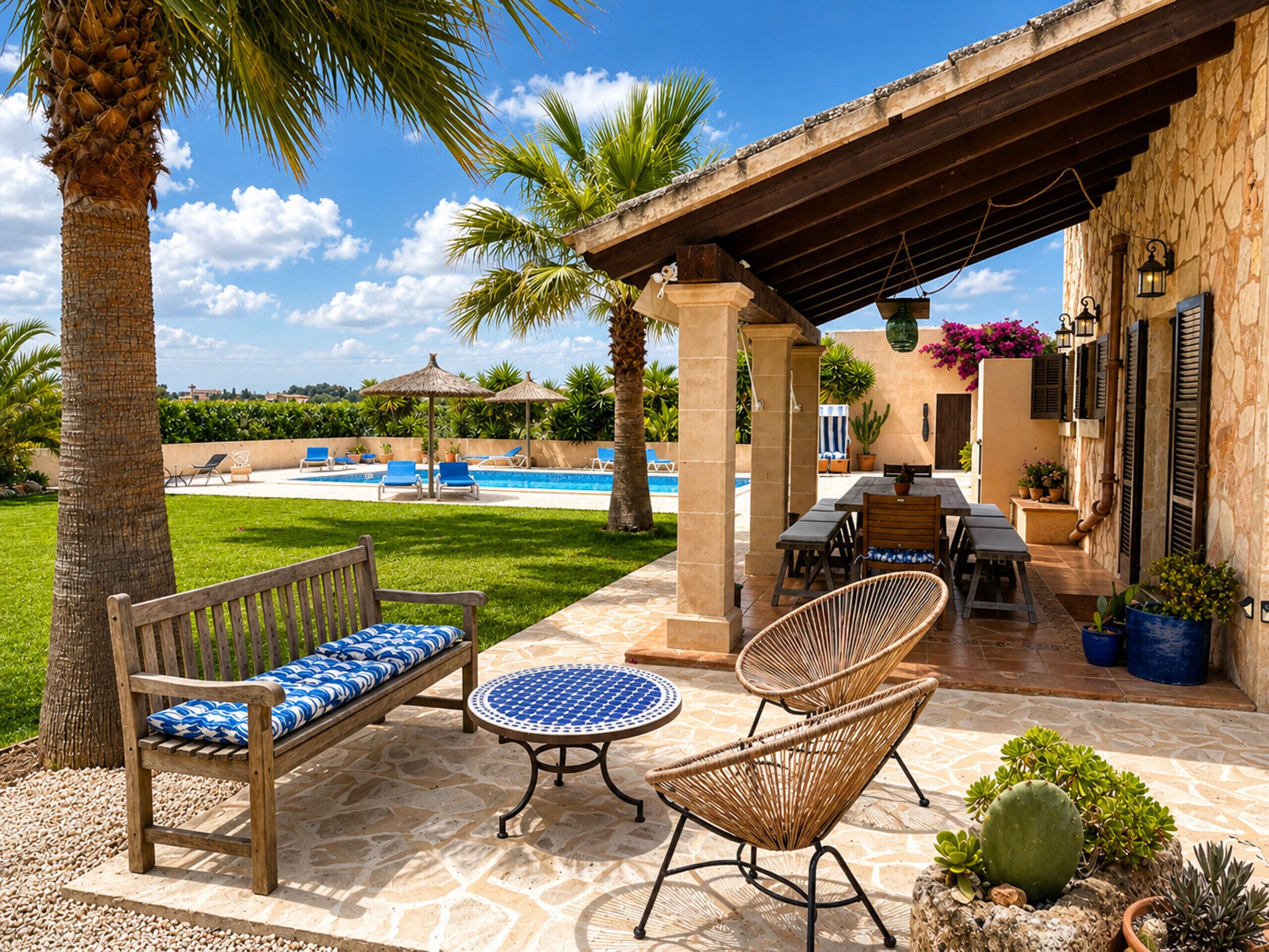 Une terrasse avec une piscine, des chaises longues, une table et une pergola.