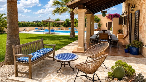 A patio with a pool, lounge chairs, a table, and a pergola. - Canyop, 5StarsHome Villa, Mallorca (Campos)
