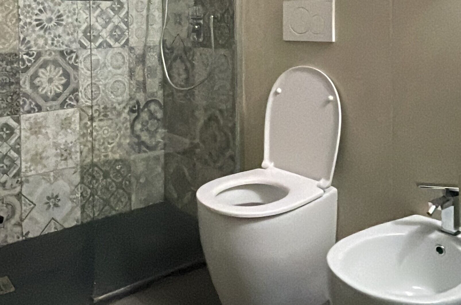 Une salle de bain équipée de toilettes, d’un bidet et de carreaux décorés.
