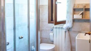 Une salle de bain avec une douche à parois de verre, des toilettes, un bidet et un radiateur.