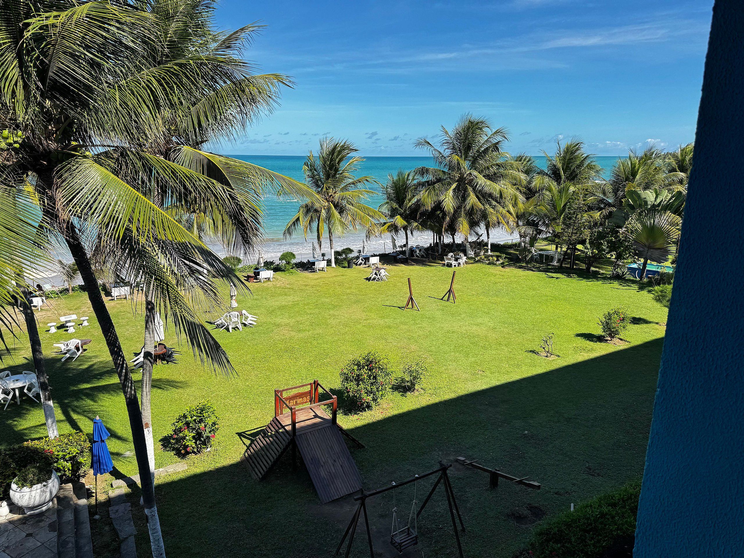 Uma área gramada com baloiço, palmeiras e vista para o mar.