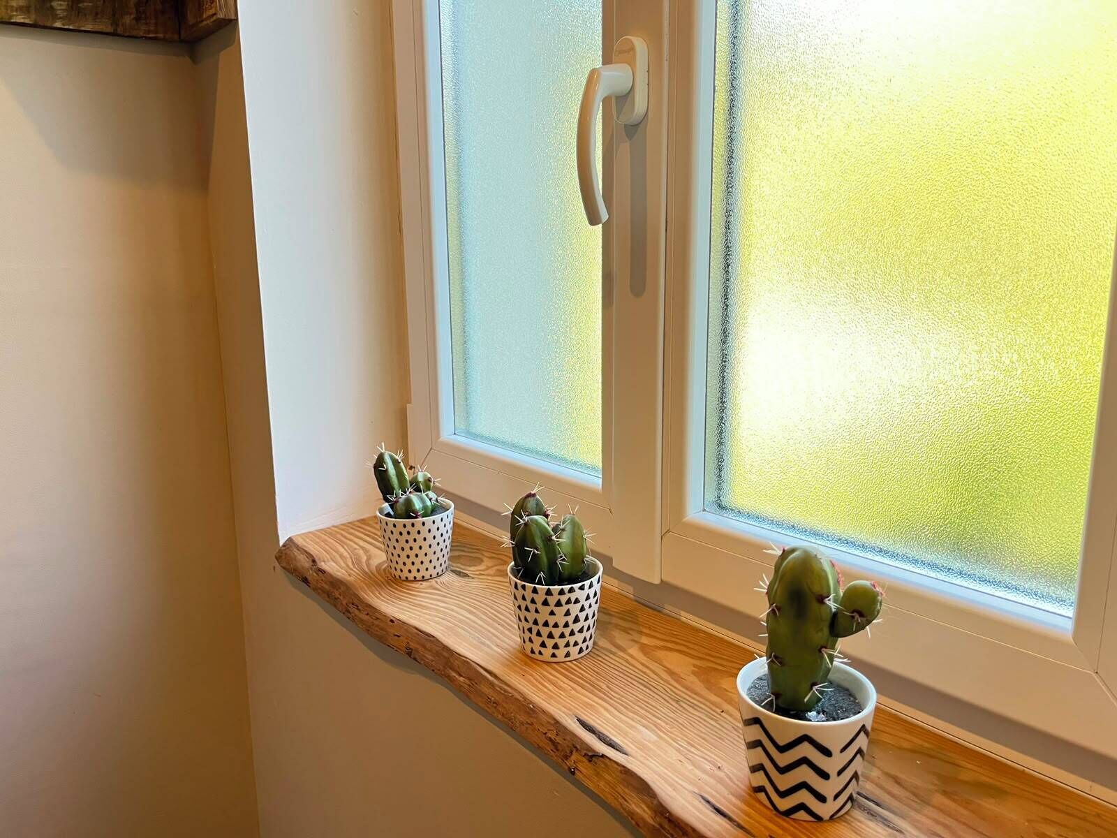 Een raam met geëtste glas, een houten plank met drie kamerplanten-cactussen, en een witte deur met een handgreep.