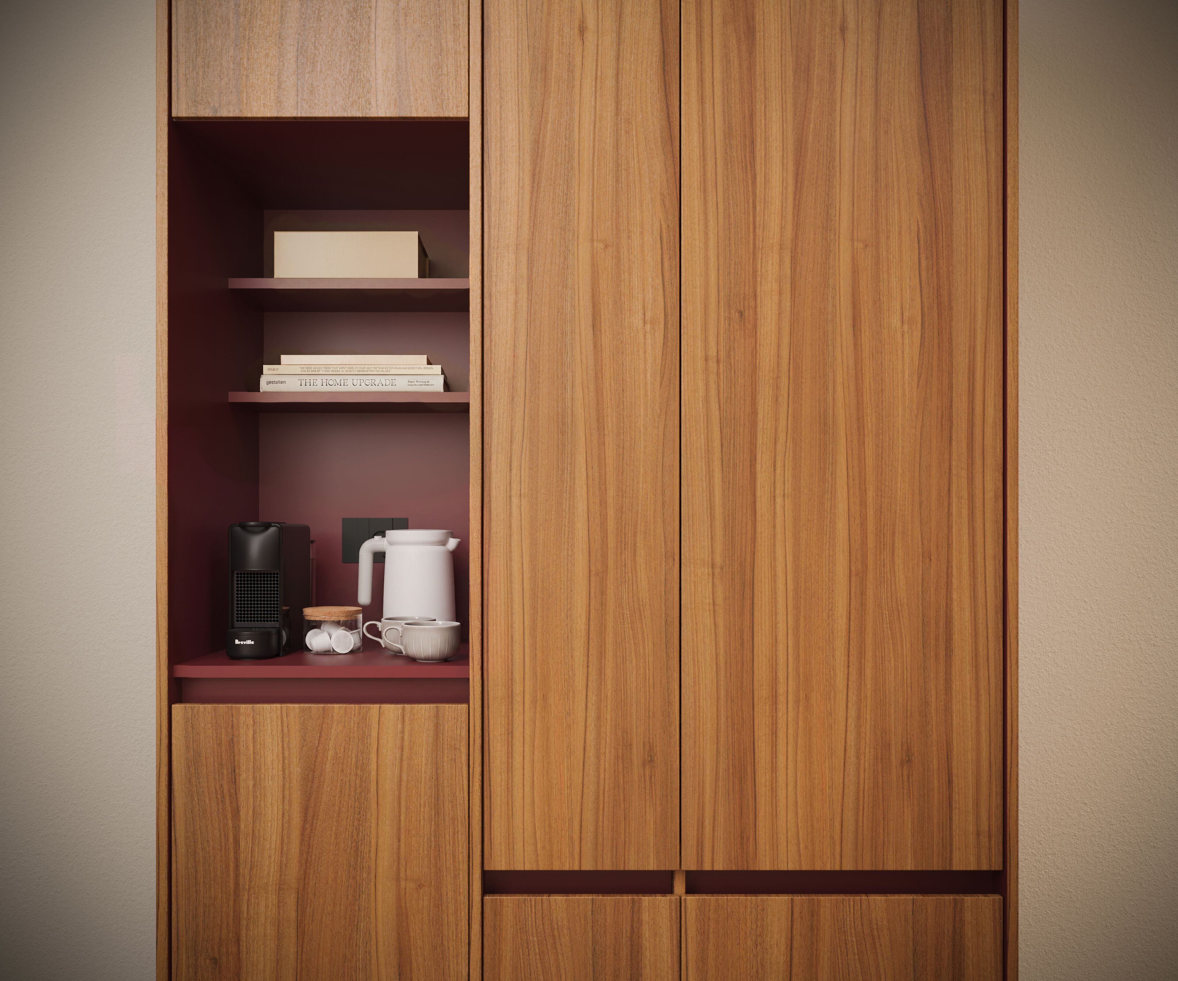 Un mueble de madera con estantes que contiene libros, una cafetera y tazas.