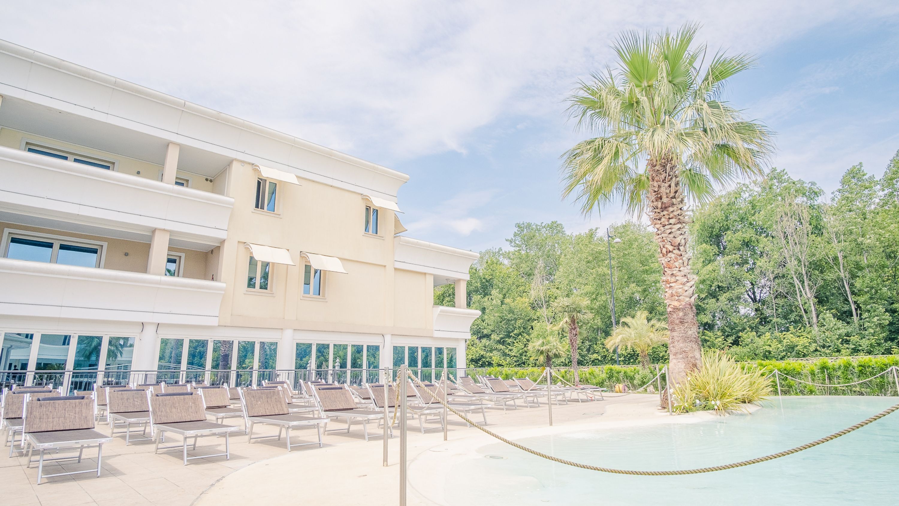 Un complexe hôtelier doté d’une piscine, de chaises longues et d’un palmier.