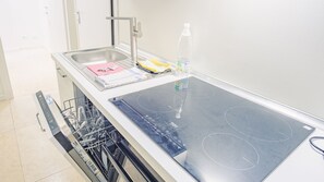 Een kleine keuken met een inbouw vaatwasser, een spoelbak en een kookplaat.