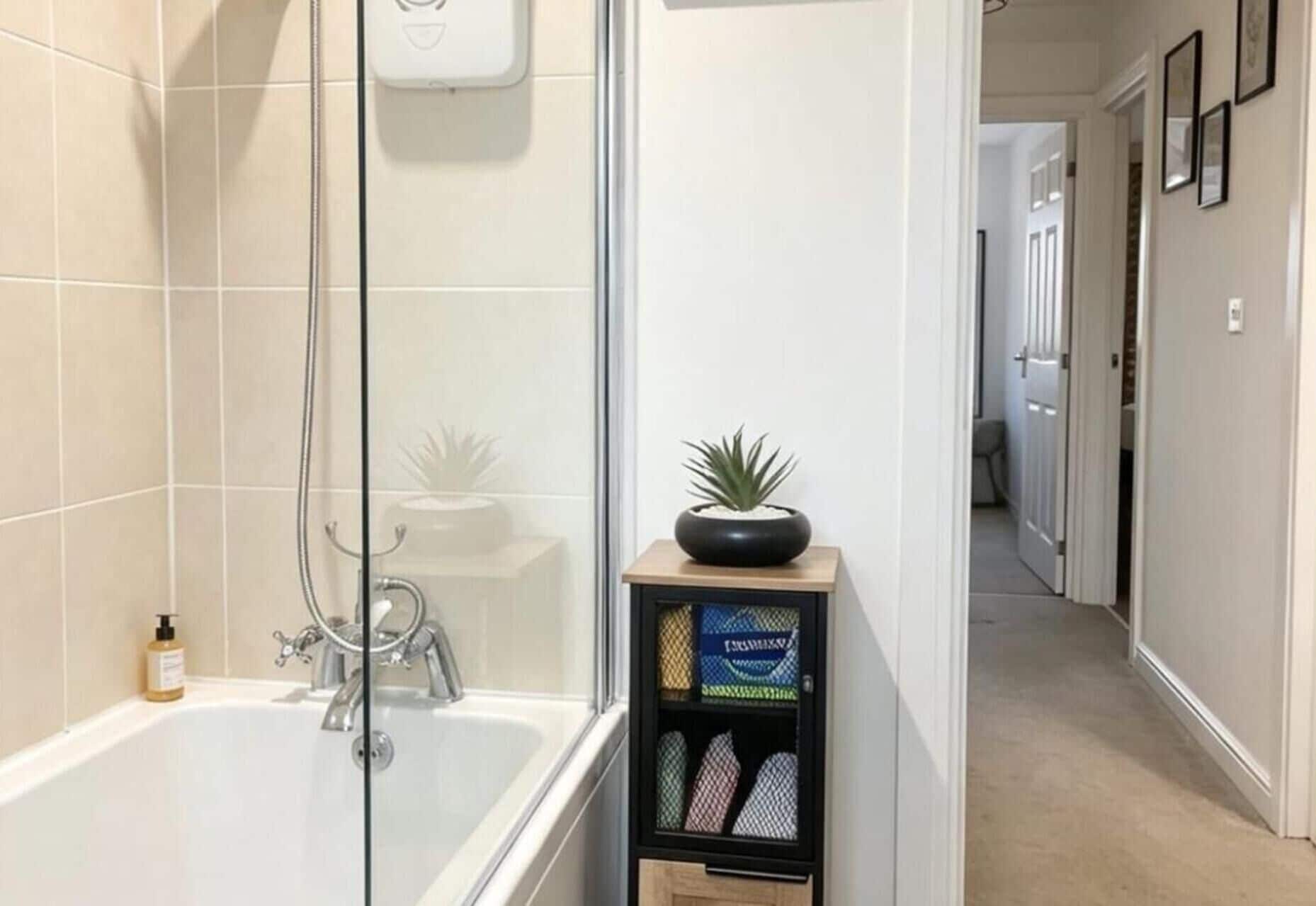Ensemble douche/baignoire, baignoire relaxante profonde, sèche-cheveux