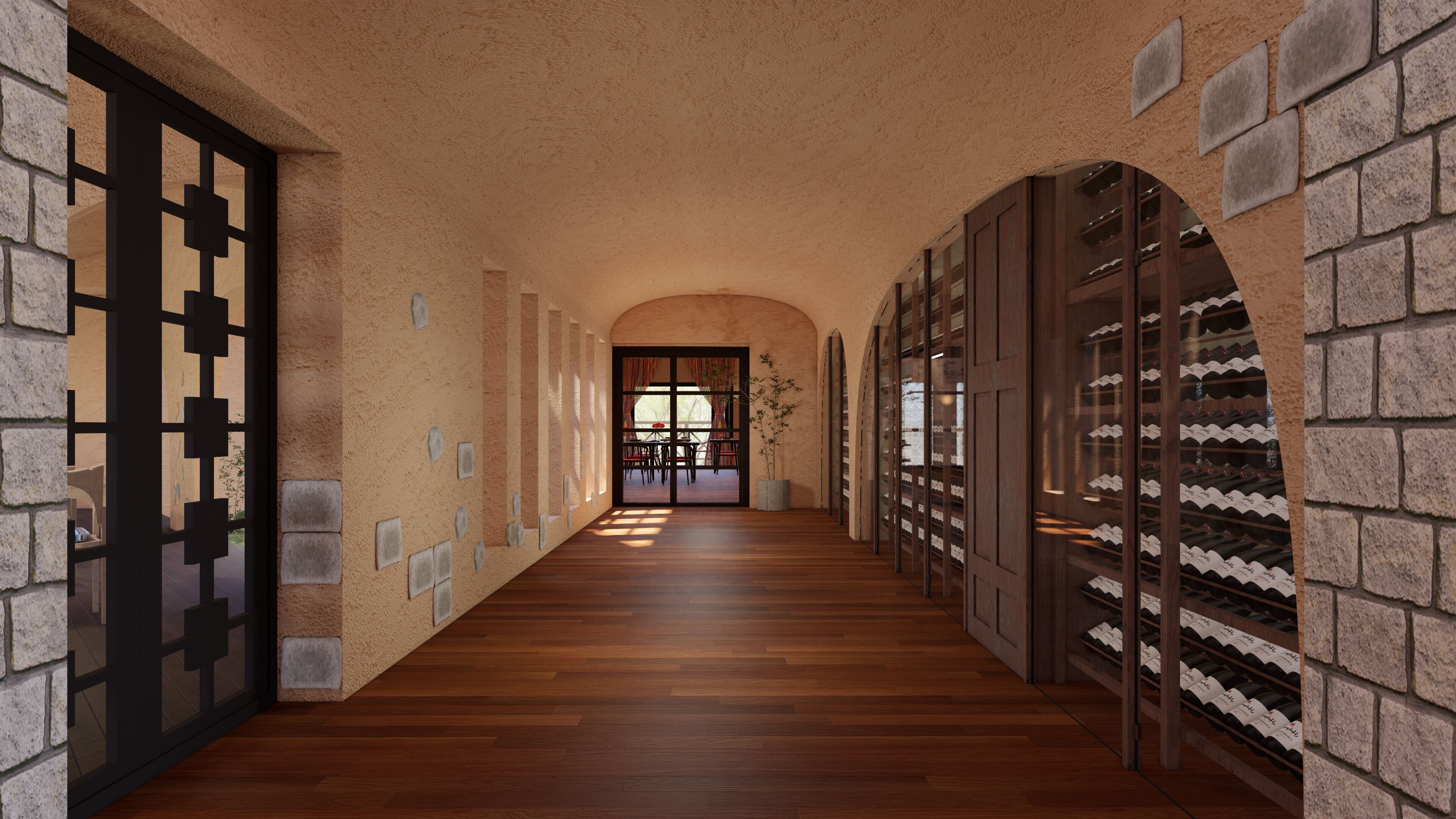 A corridor with wooden flooring, stone walls, and a wine rack on the right.