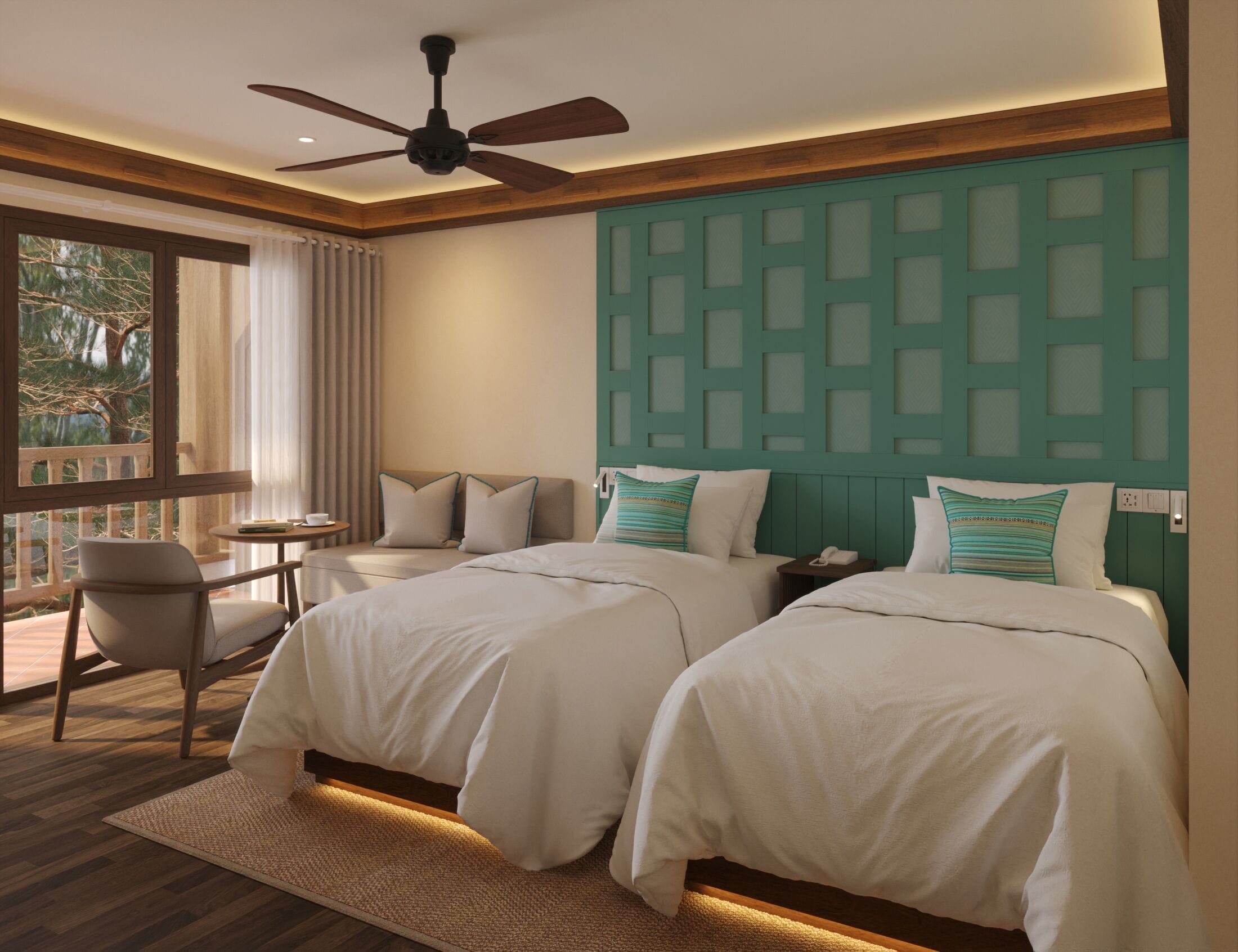 Quarto de hotel com duas camas, uma escrivaninha, uma cadeira e vista para árvores pela janela.
