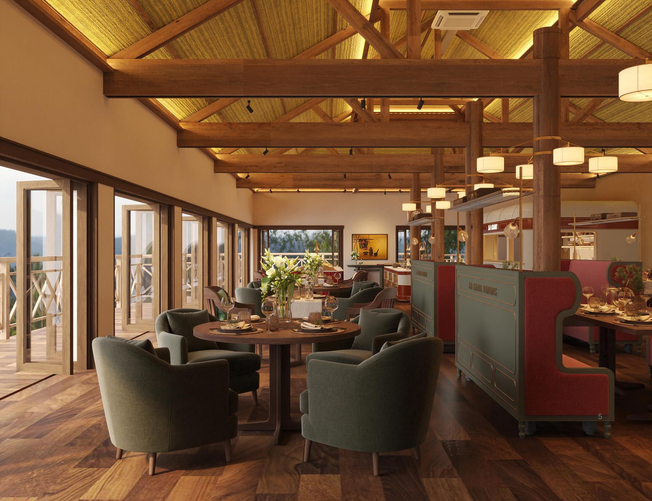 Un restaurante con vigas de madera, ventanas amplias y un techo alto.