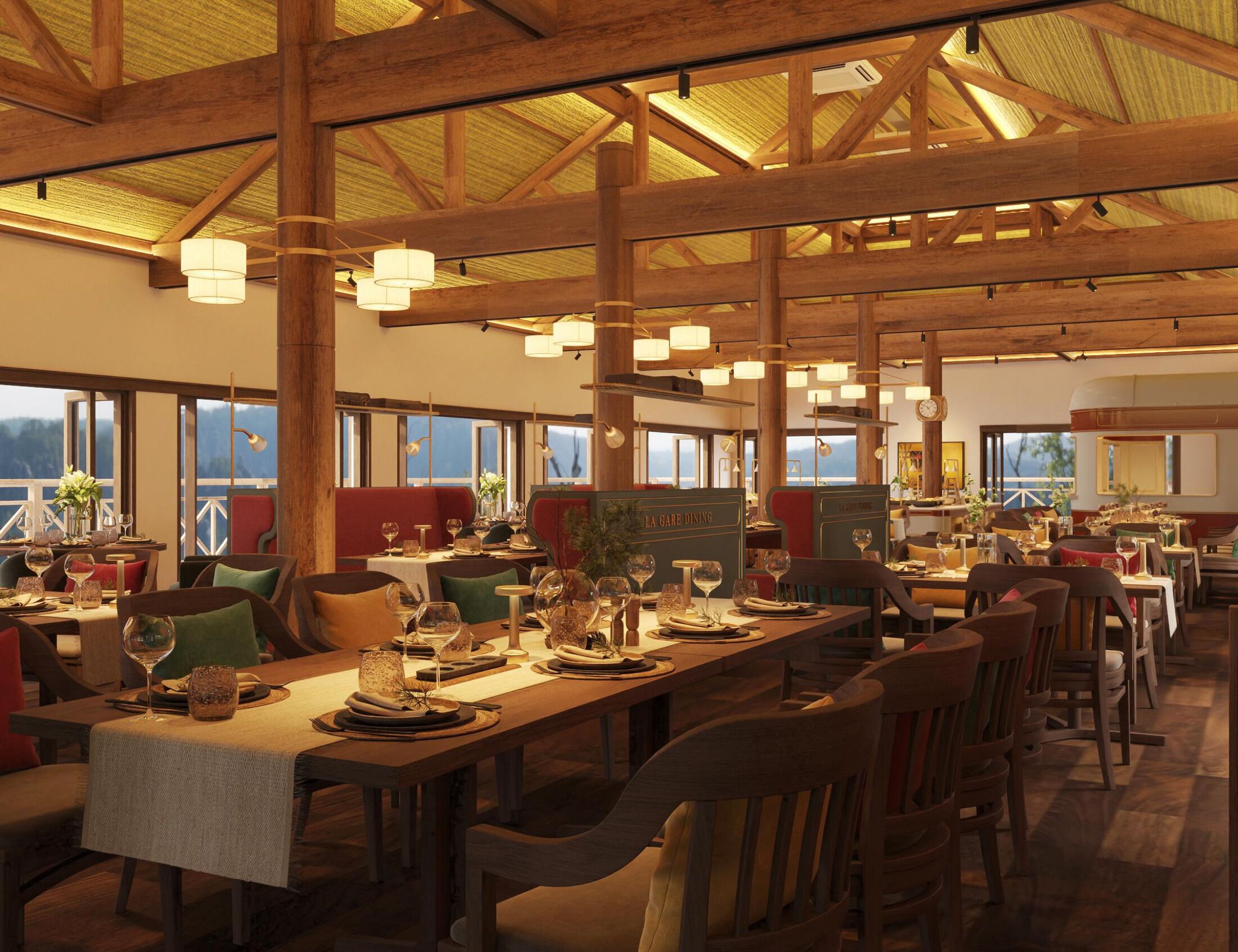 A restaurant with wooden beams, multiple tables set for dining, and large windows offering views.