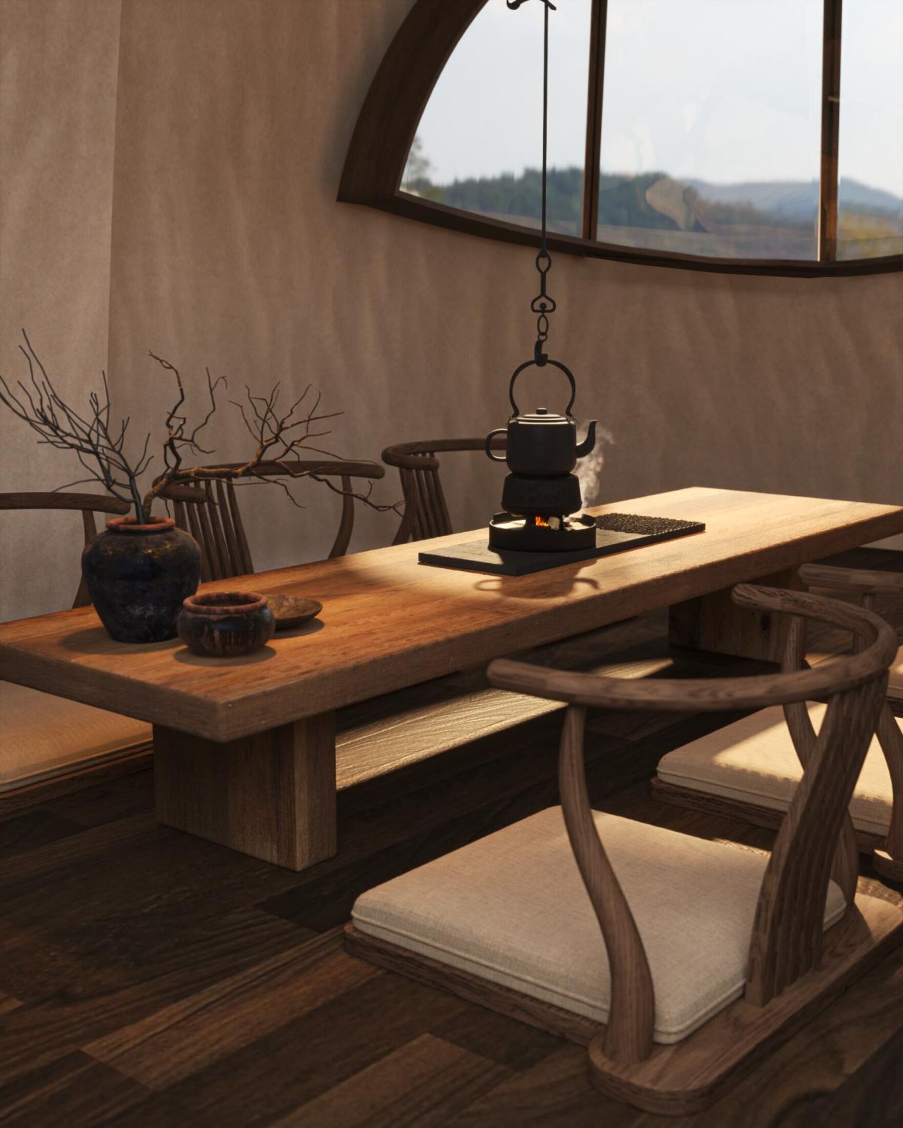 Una mesa de madera con sillas, un hervidor colgante y un florero con ramas.