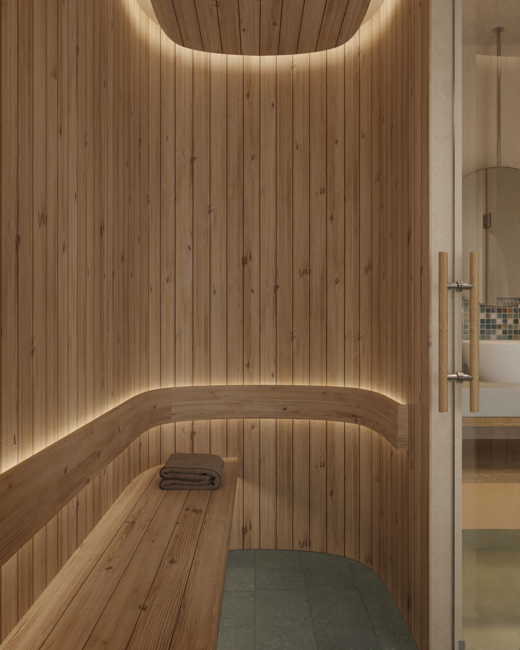 Una sauna con paredes de madera y un banco.