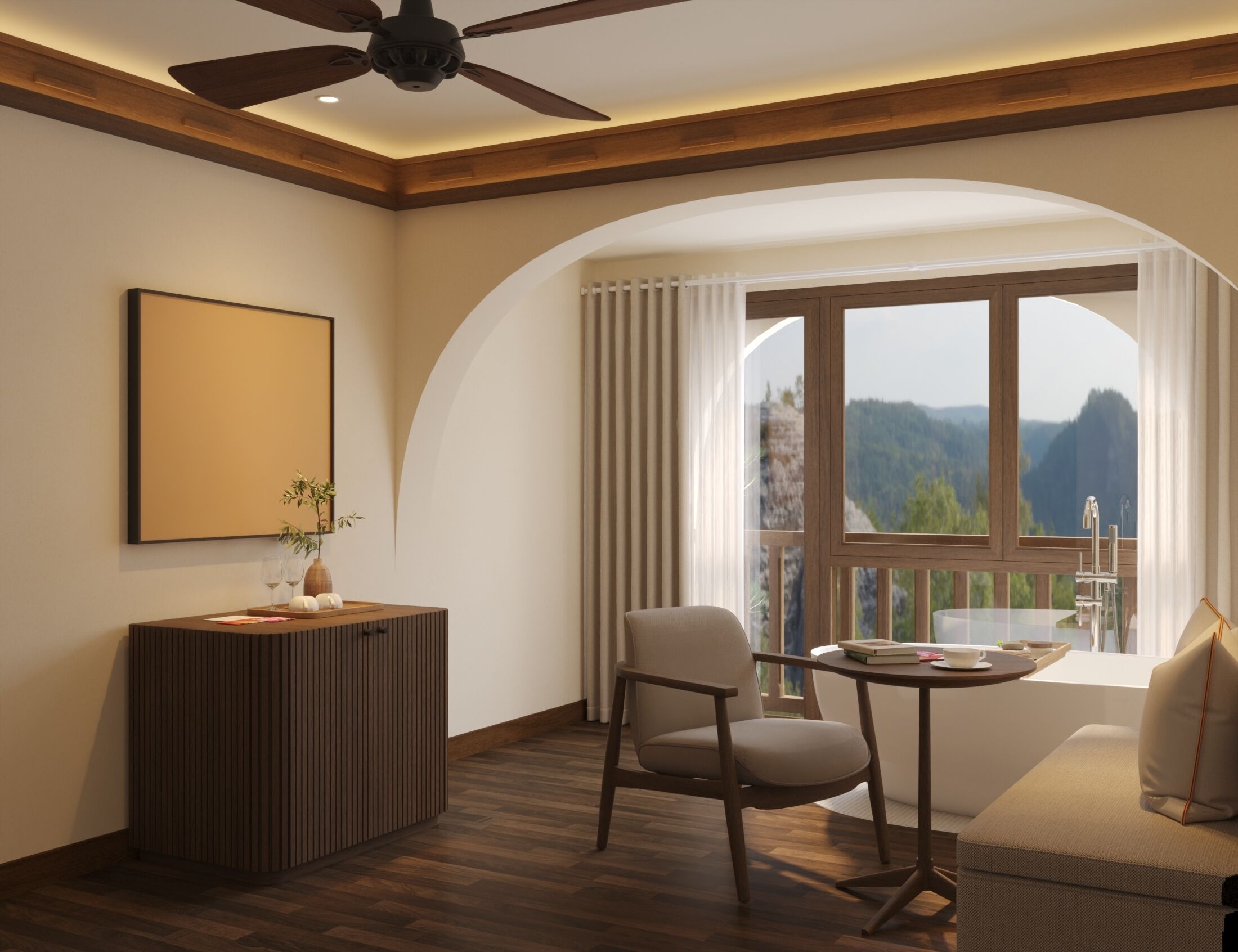 A room with a wooden ceiling, a ceiling fan, a large window with curtains, a round table, a chair, a sofa, and a cabinet with a vase and glasses.