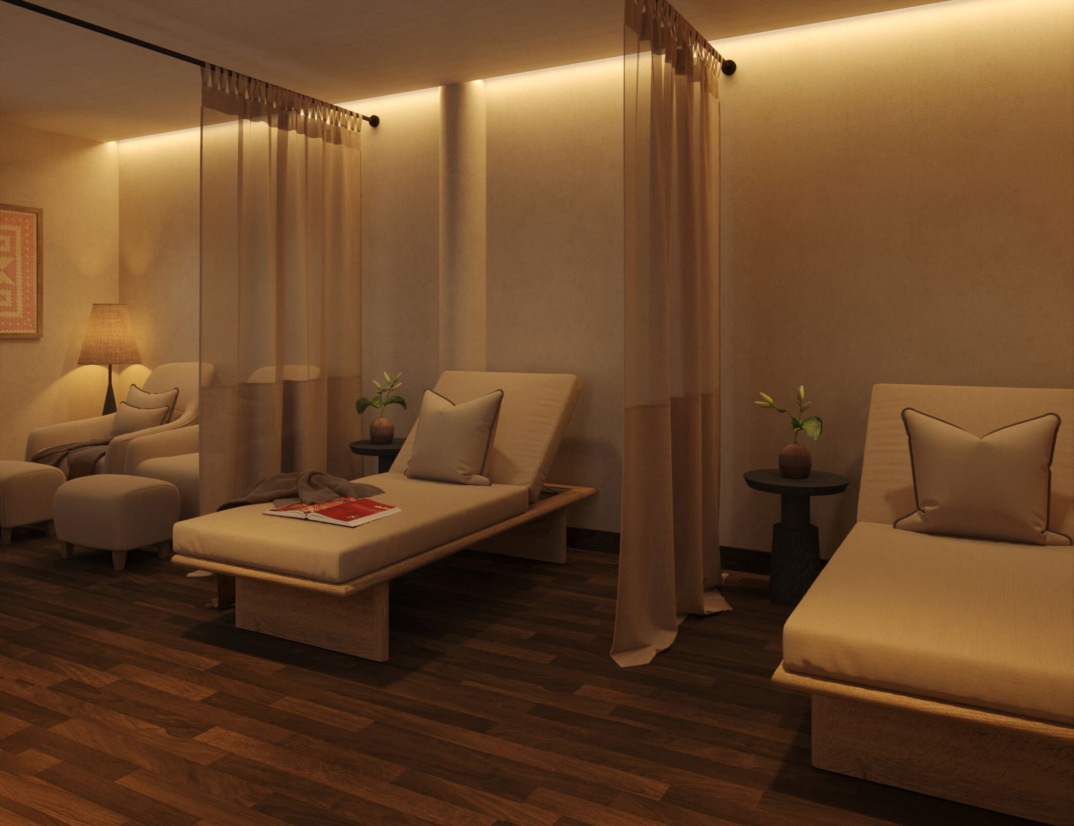 A hotel room with a sofa, two single beds, a small table with a lamp, and a potted plant.