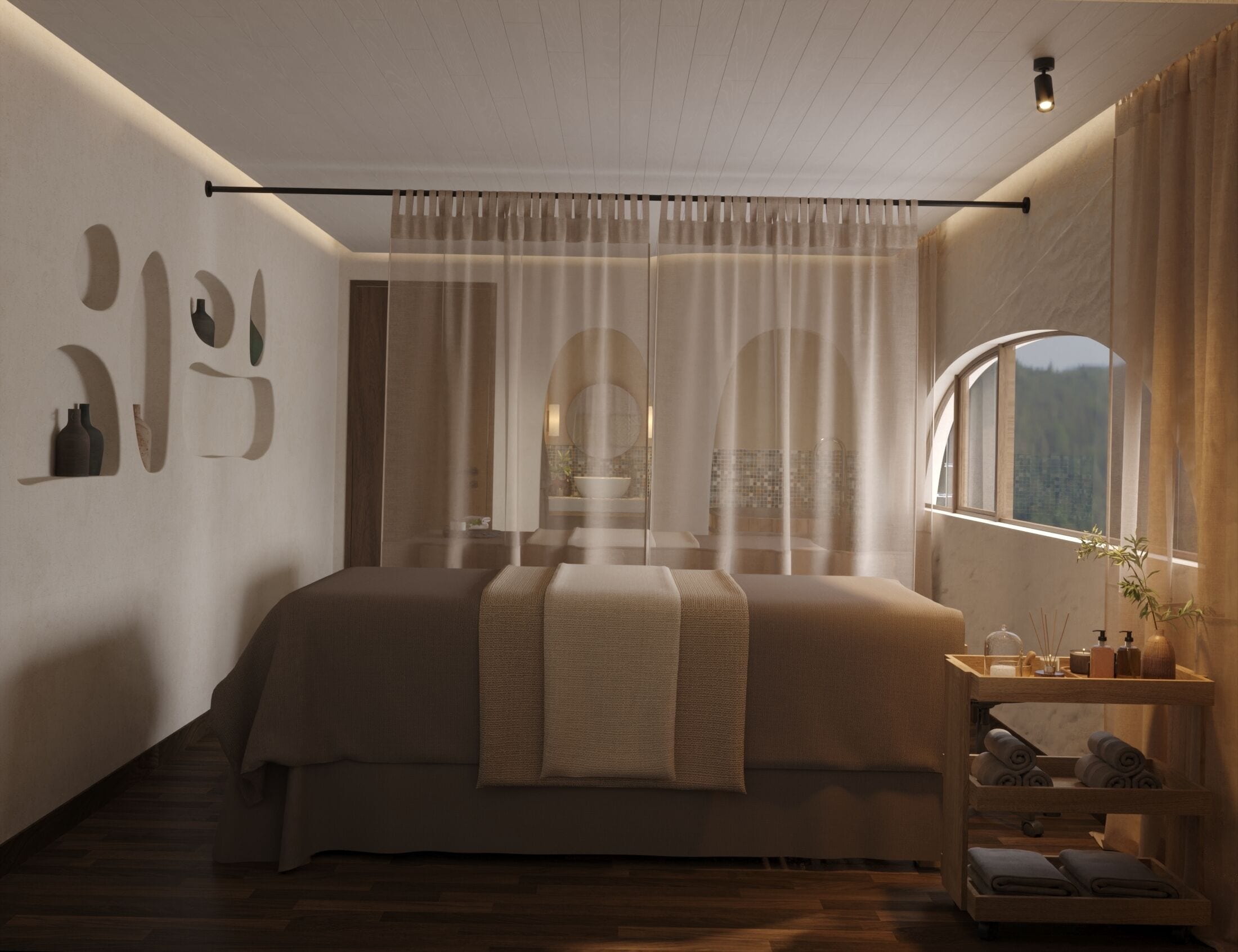 Un dormitorio moderno con una cama grande, una mesita de noche con artículos de aseo y vistas al exterior.