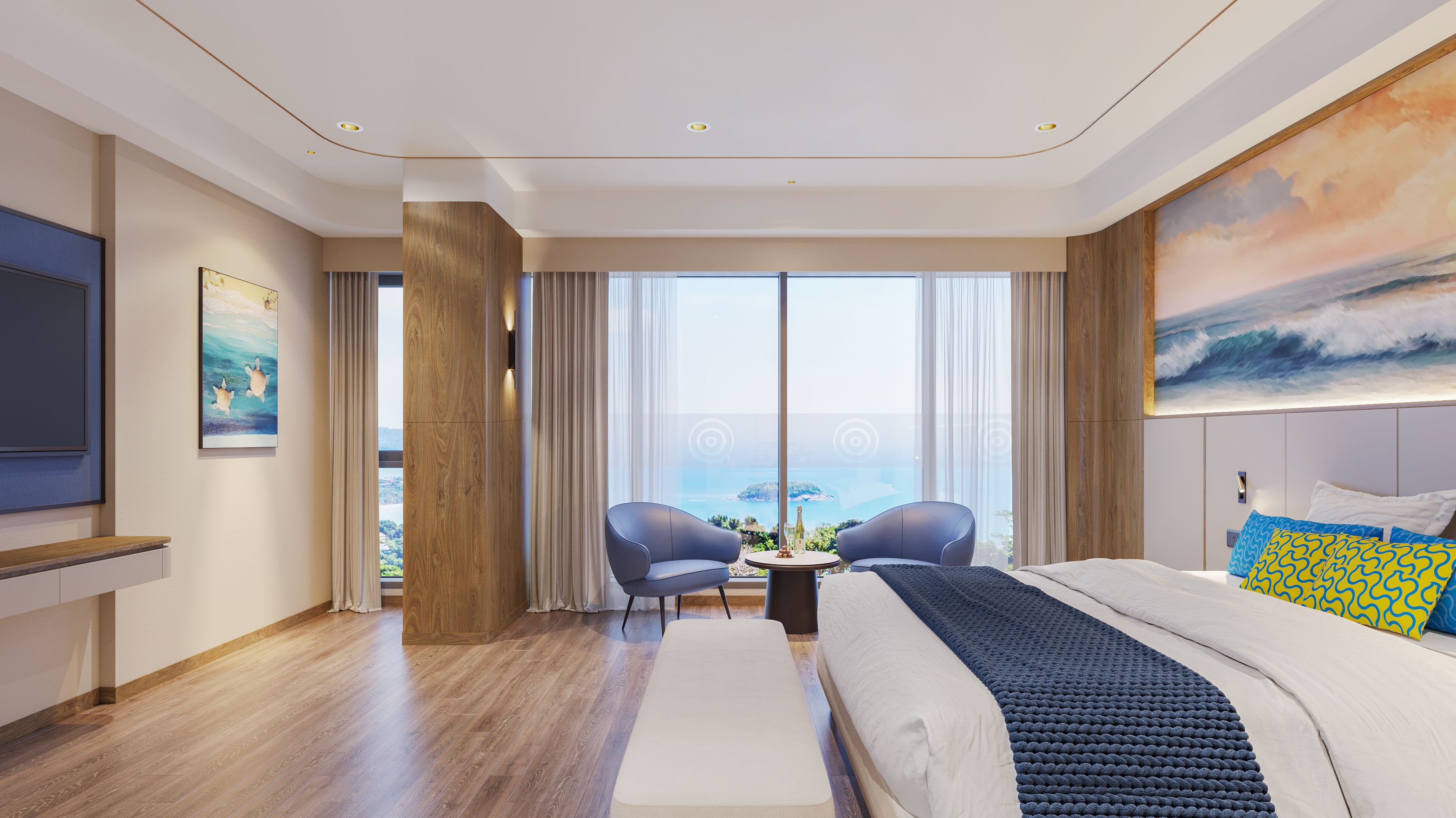 A modern hotel room with a large bed, a flat-screen TV, a seating area with two chairs, a small table, and a large window offering a view of the sea.