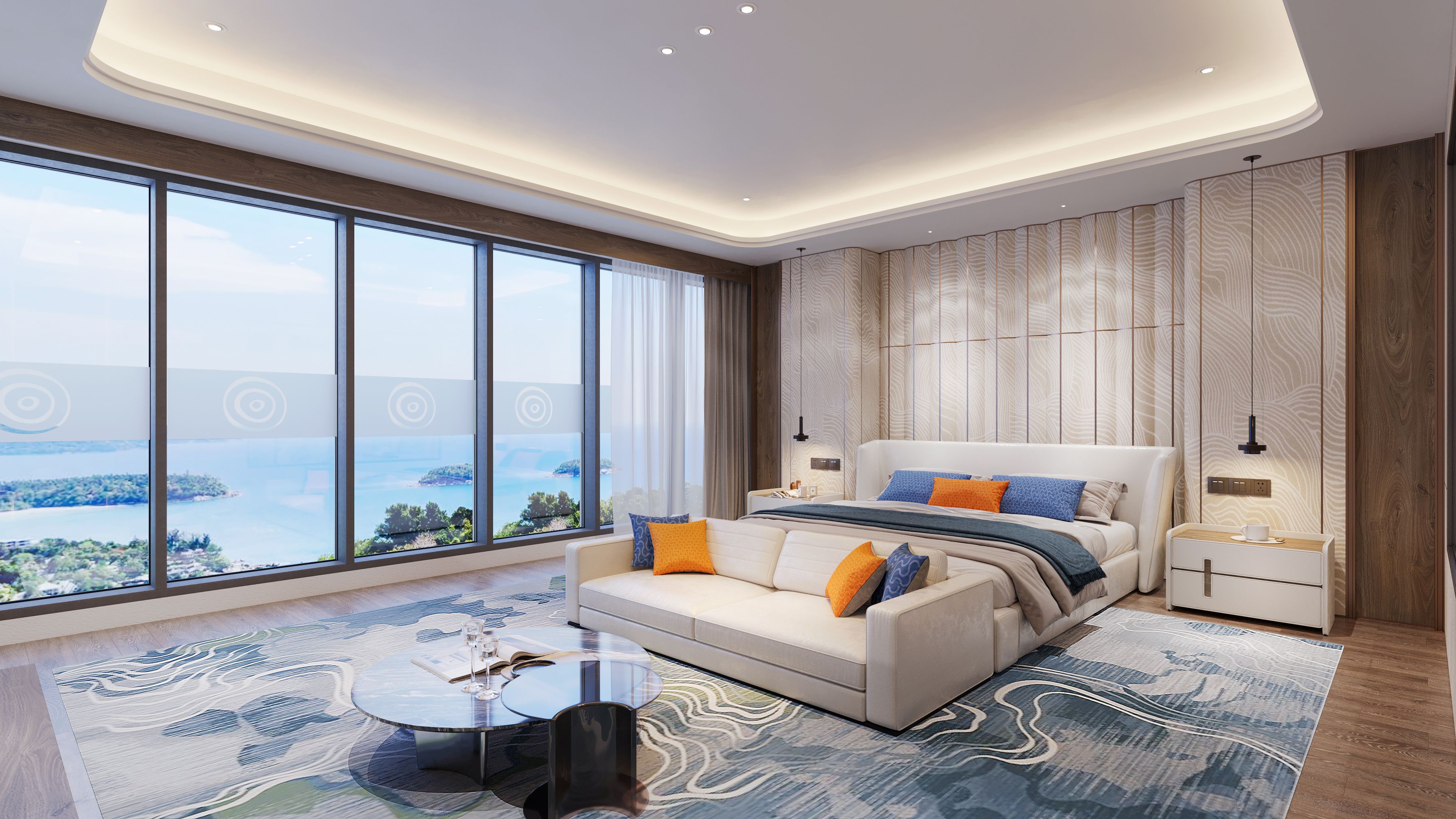 A modern bedroom with a large window, a bed, a sofa, a coffee table, and a nightstand.