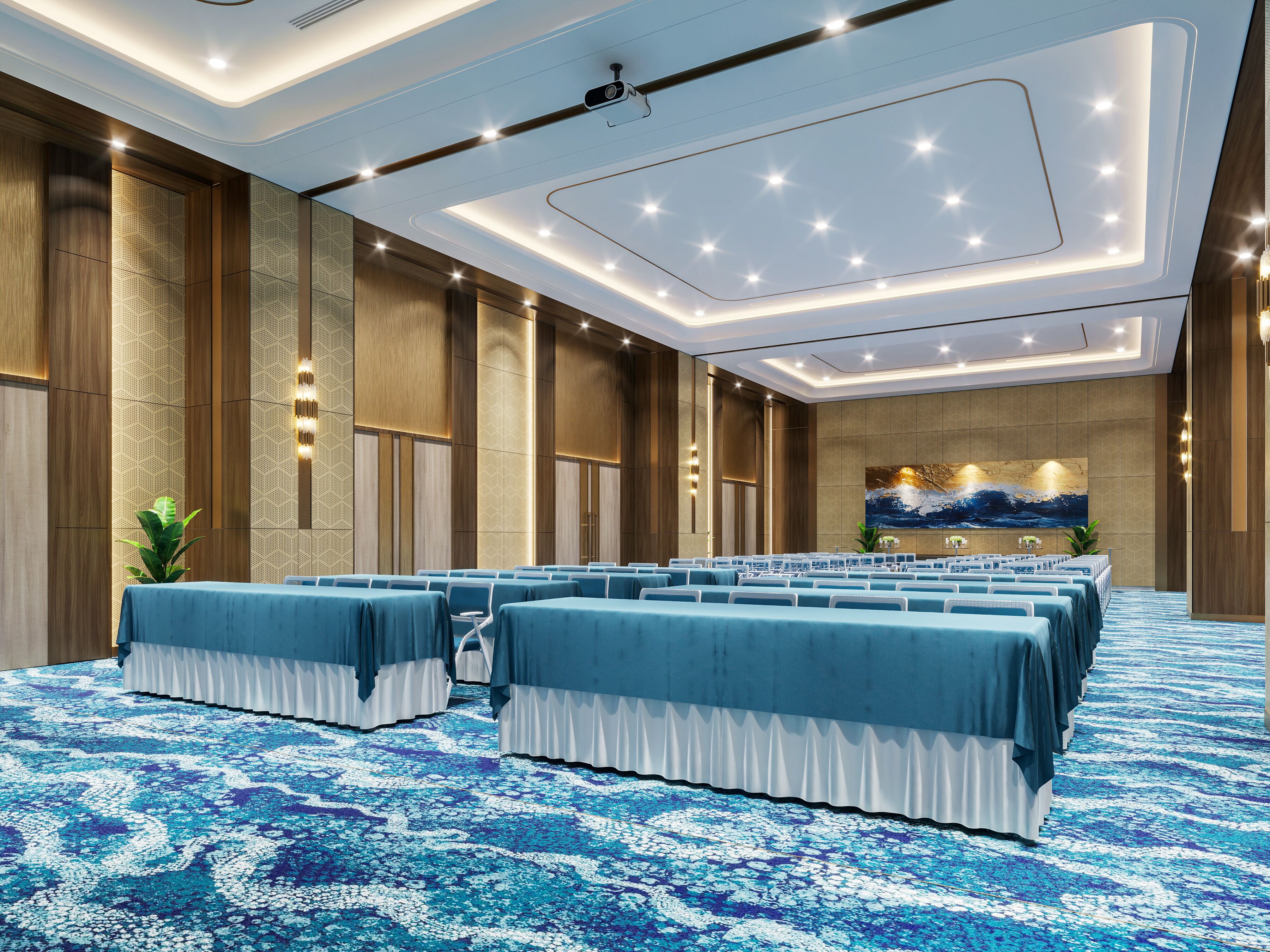 Une salle de conférence avec des rangées de tables, une moquette à motifs et un grand tableau accroché au mur.