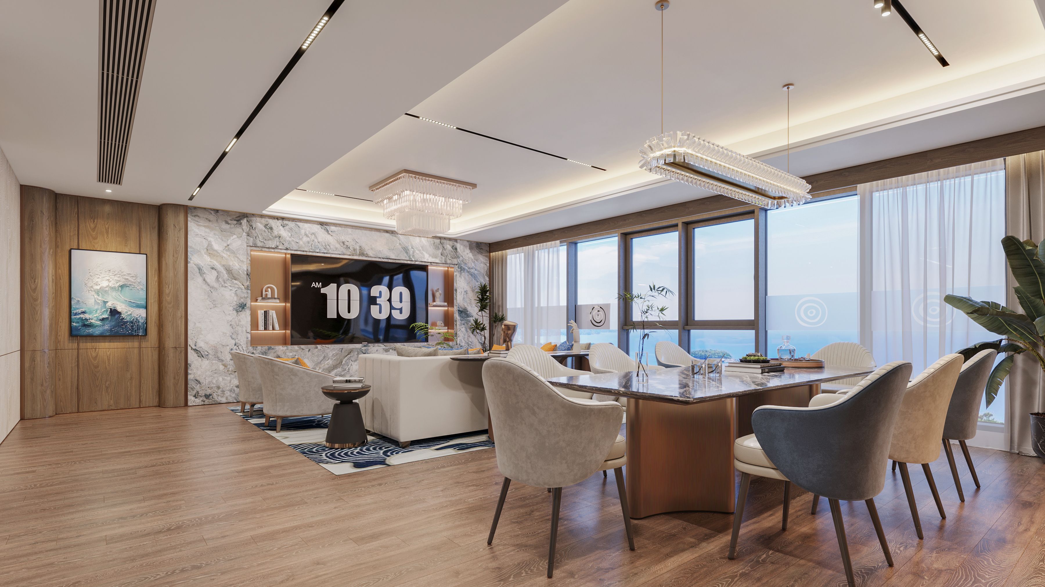 Una sala de estar moderna con un televisor grande, asientos cómodos y vista al océano.