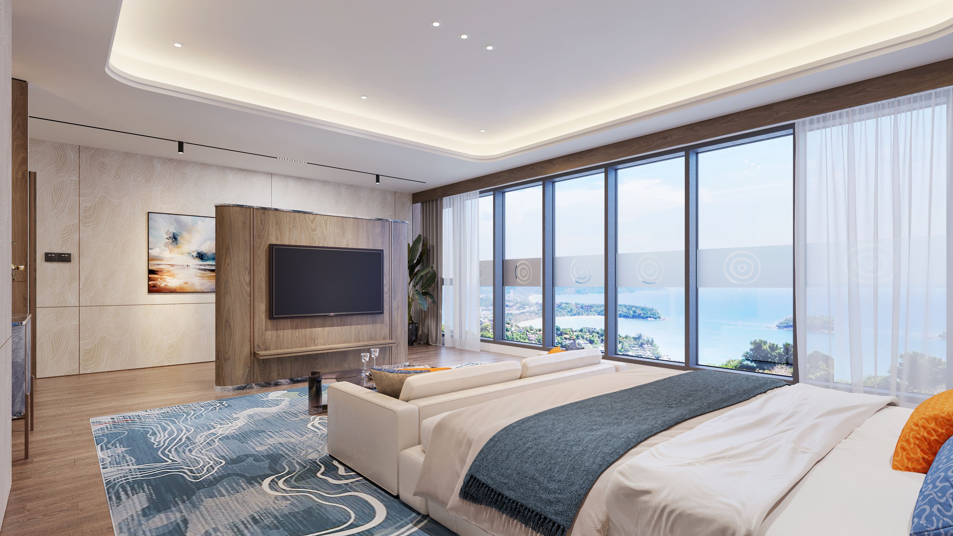 Un dormitorio moderno con una cama grande, un televisor de pantalla plana y vistas a un cuerpo de agua.