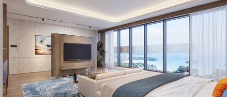 A modern bedroom with a large bed, a flat-screen TV, and a view of a body of water.