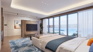 Une chambre moderne avec un grand lit, un téléviseur à écran plat et une vue sur un plan d’eau.