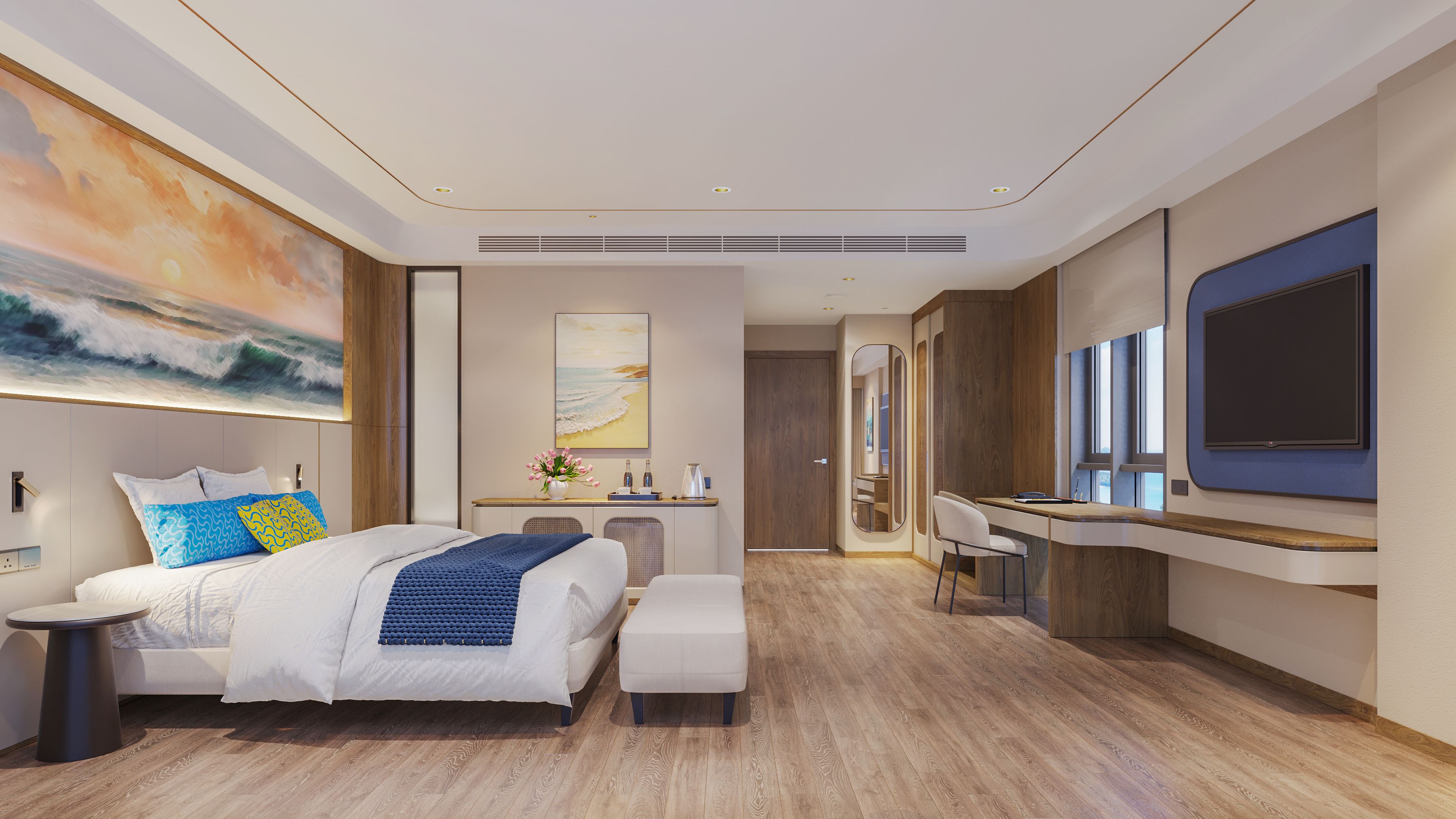 Habitación de hotel moderna con una cama grande, un escritorio, un espejo y un televisor.