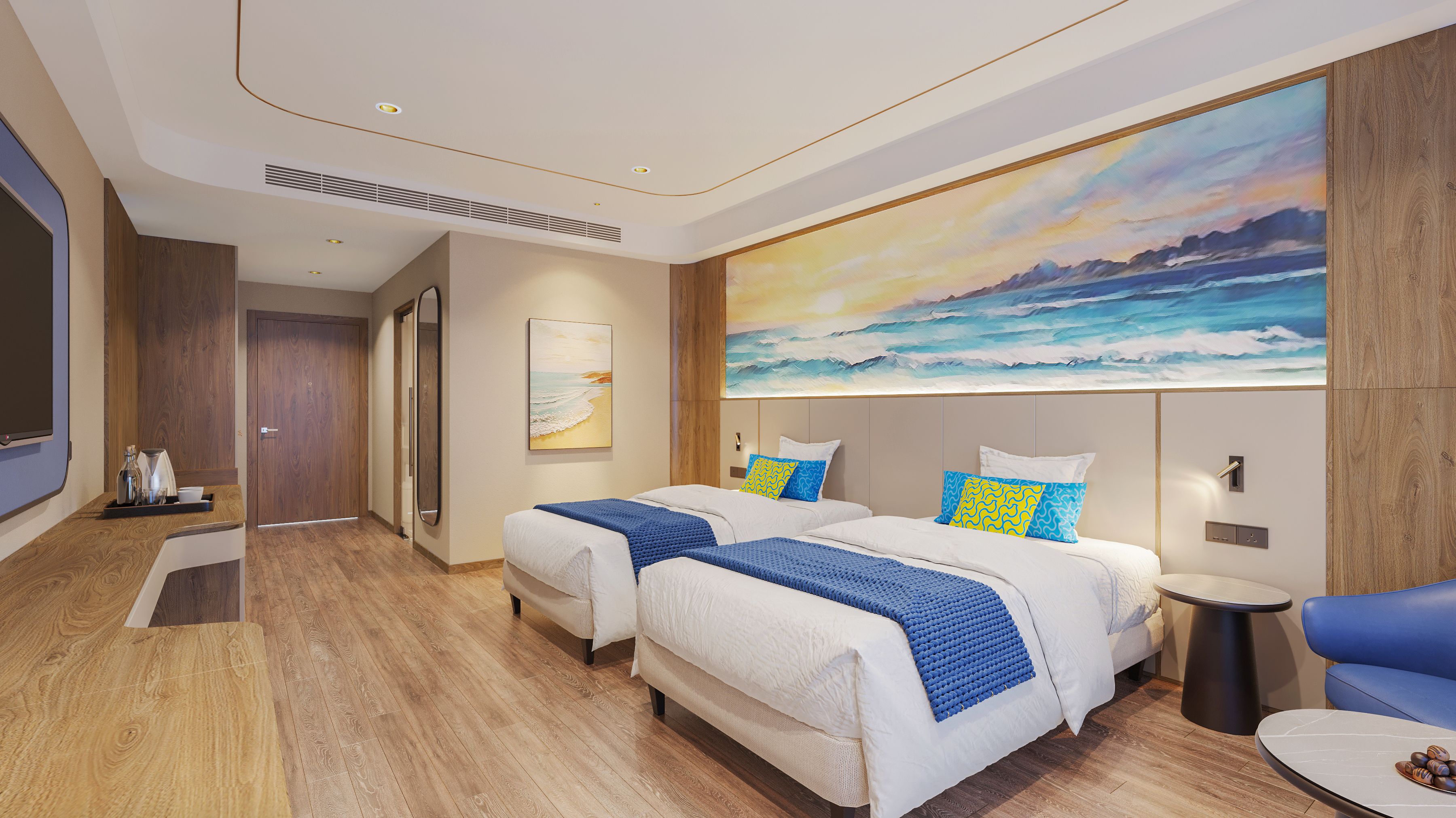 A hotel room with two beds, a large painting of a seascape, and a wooden floor.