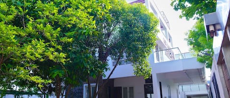 A modern building with a staircase leading to a balcony, surrounded by lush greenery.