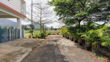A paved pathway leading to a building with a blue gate, surrounded by potted plants and trees.