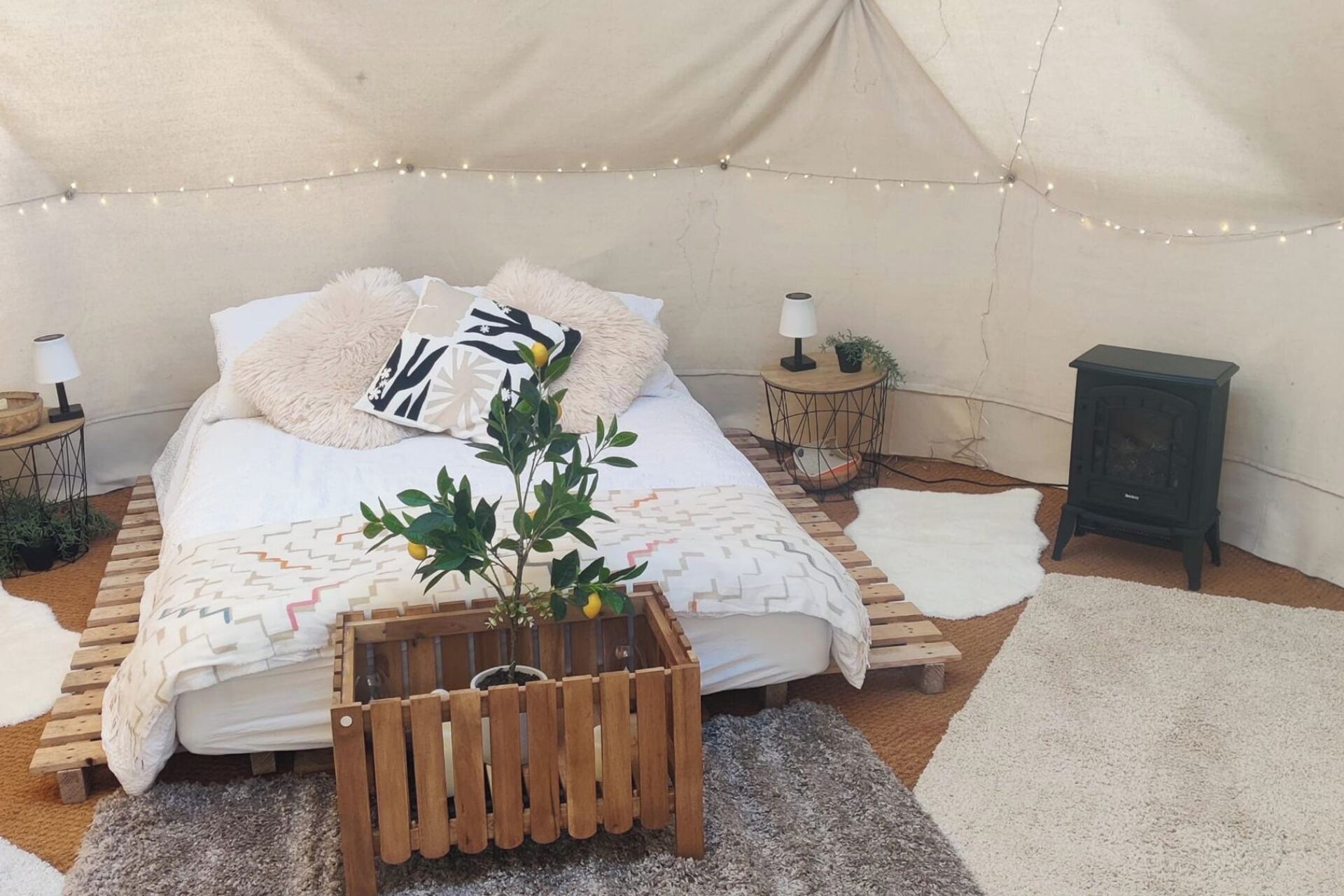 Una habitación con tienda de campaña acogedora, con cama, una mesita con lámpara, un calentador y una planta.
