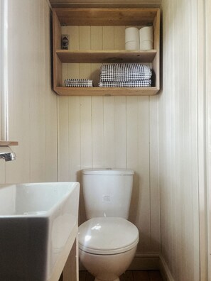 Une salle de bain avec des toilettes blanches, une étagère en bois où sont rangés les articles de toilette et un lavabo blanc.