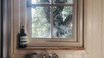 A bathroom with a window, a sink, and a bottle.