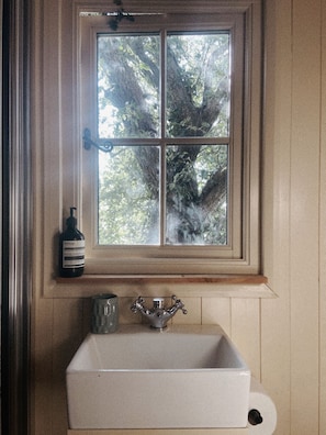 A bathroom with a window, a sink, and a bottle.