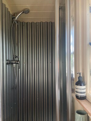 A shower with a handheld showerhead and a hose, a bottle of hand soap on a shelf, and a window with a view of greenery.