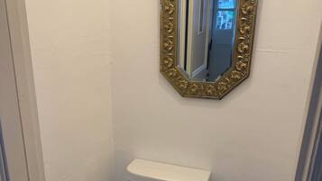 A bathroom with a toilet, a sink, and a mirror.