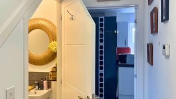 Combined shower/bathtub, deep-soaking bathtub, hair dryer, towels