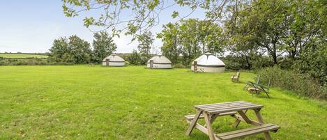 A grassy field with three yurts and a picnic table.