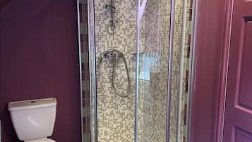 A corner shower enclosure with a glass door, a toilet, and a tiled floor.