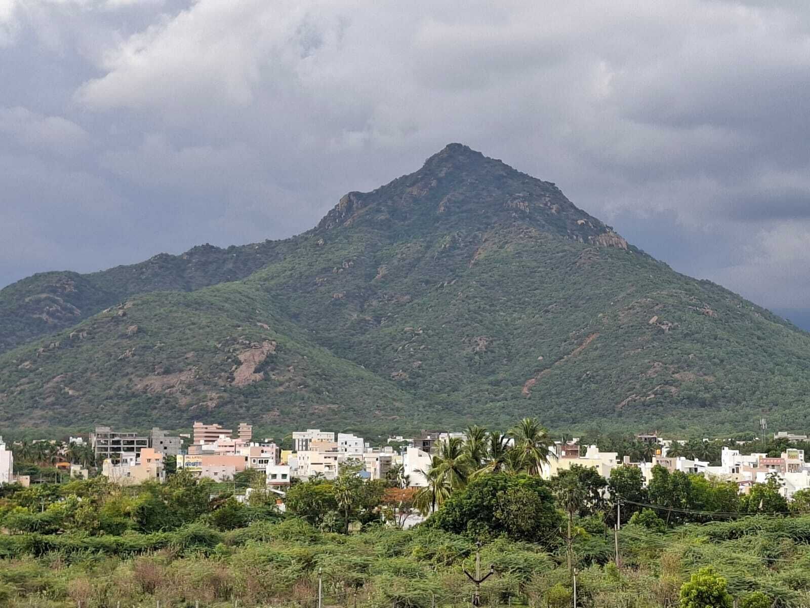 Una montaña con un pueblo en su base, con edificios y vegetación.