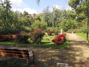 A park with a bench, pathways, and various plants. - Atic Deluxe, excellent location (Barcelona)