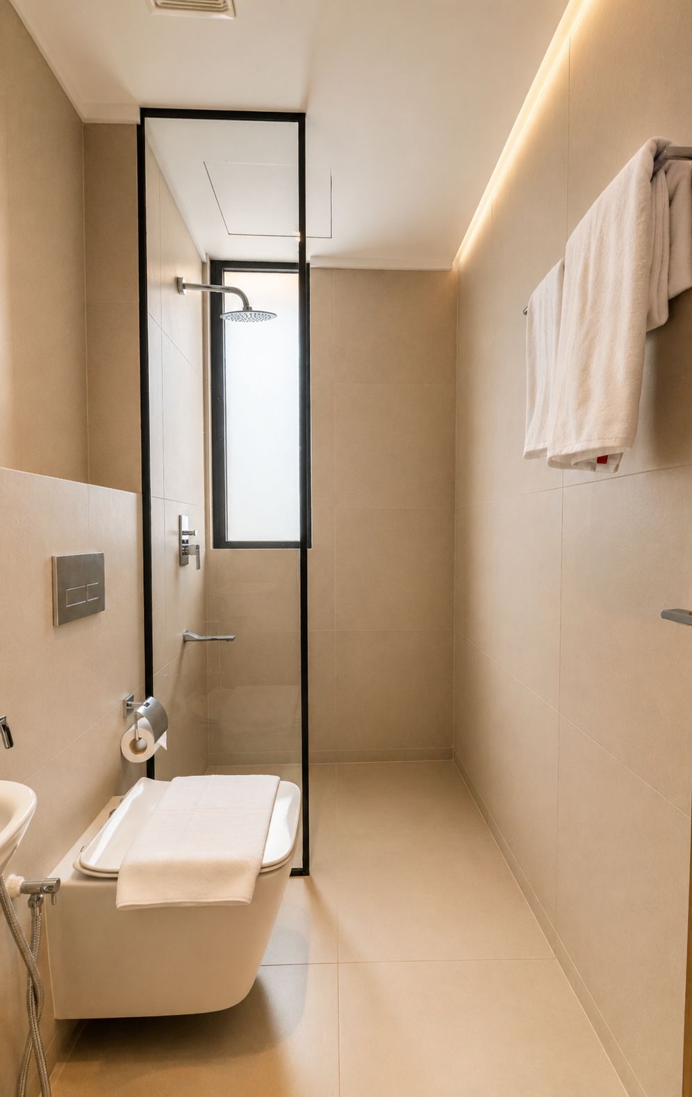 Un bany modern amb plat de dutxa, vàter i rentamig.