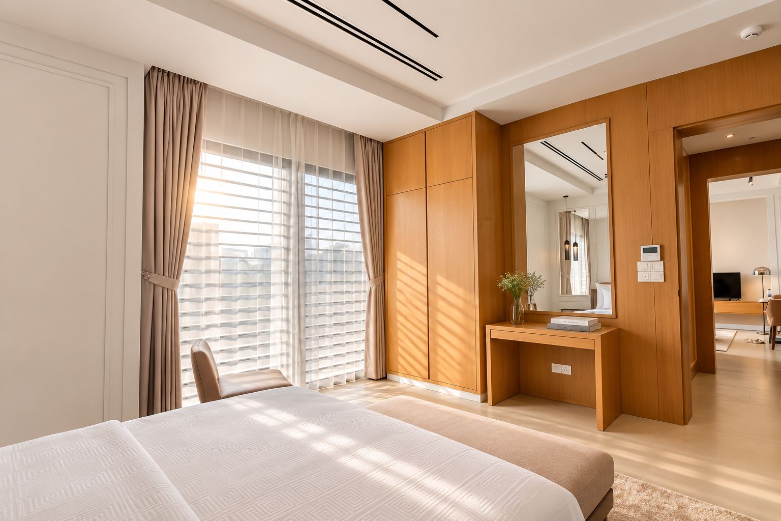 A modern hotel room with a large bed, a wooden desk, and a mirror.