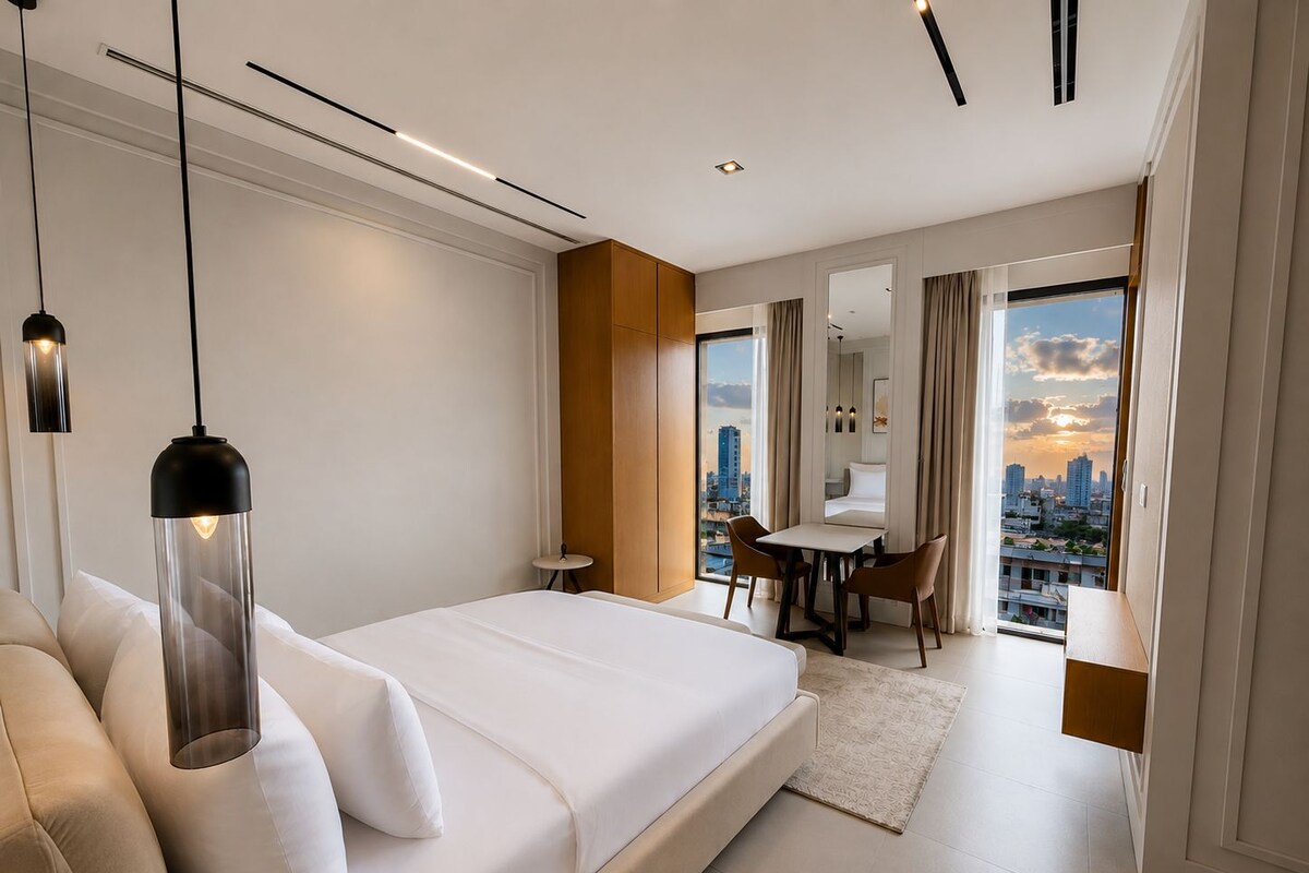 Una habitación de hotel moderna con una cama grande, zona de comedor y vistas a la ciudad.