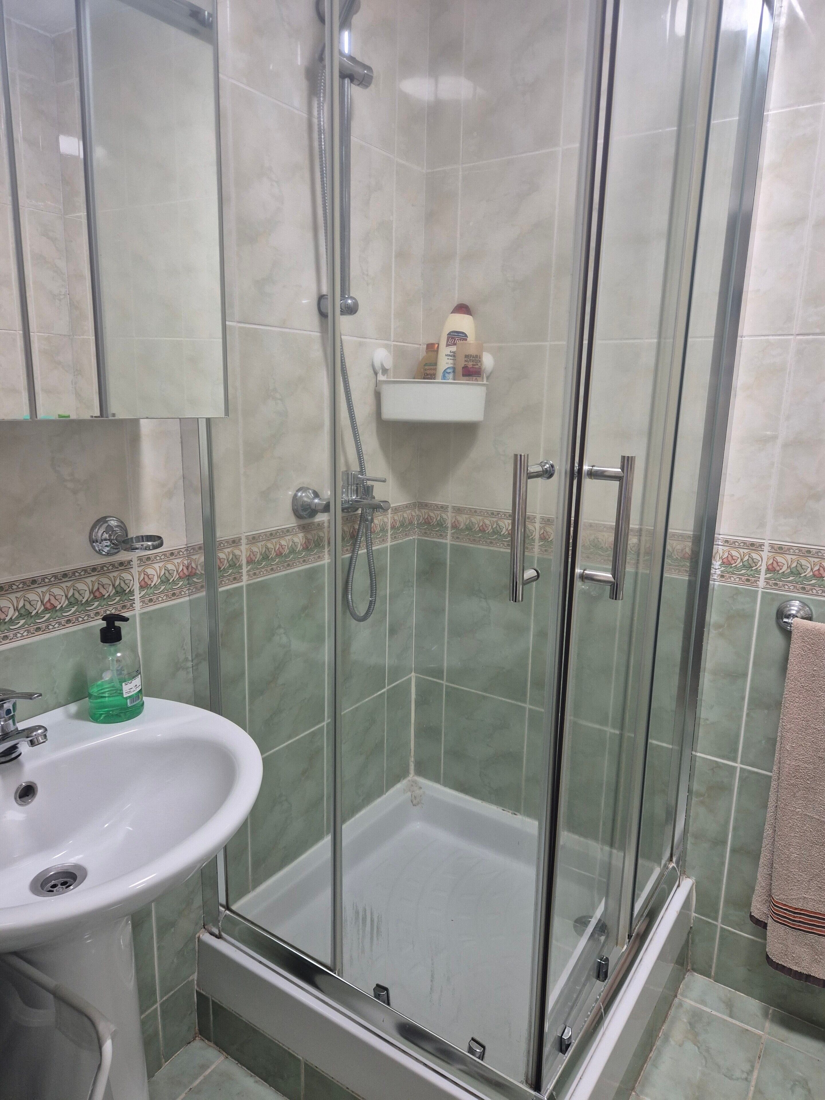 Una ducha envuelta en vidrio, un cabezal de ducha manual, un lavamanos blanco con dispensador de jabón y un estante pequeño encima.