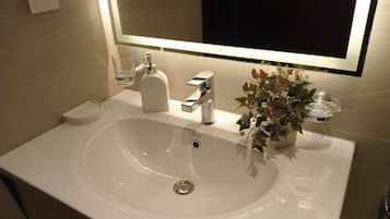 Shower, hair dryer, bidet, towels