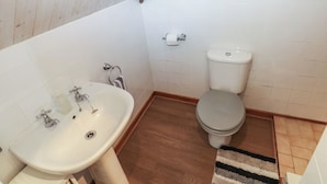 A small bathroom with a sink, toilet, and a wooden floor. - Seaside Steps (Goodwick)