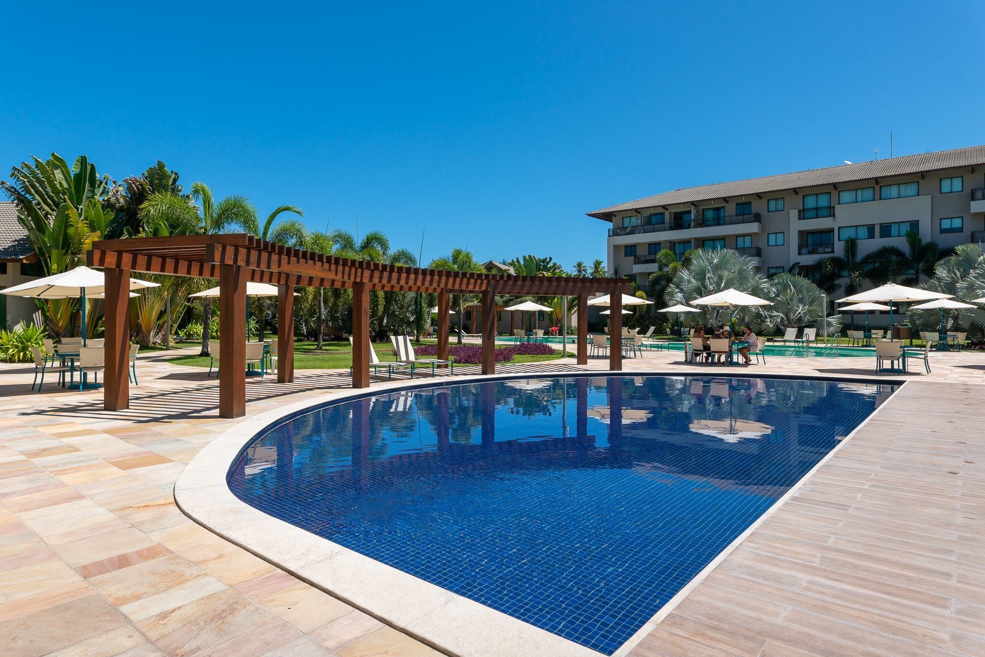 Una piscina con una pérgola de madera y sillas de descanso, rodeada de palmeras y un edificio de hotel.