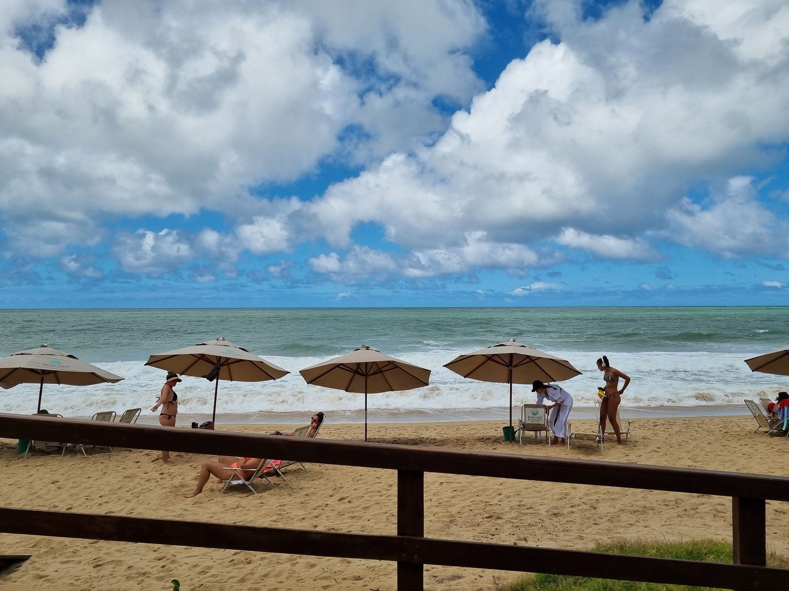 Una playa con sombrillas y sillas, cielo despejado y el océano.