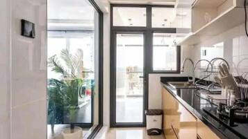 Classic Apartment, Balcony, City View | Private kitchen | Coffee/tea maker, full-size fridge, microwave, oven